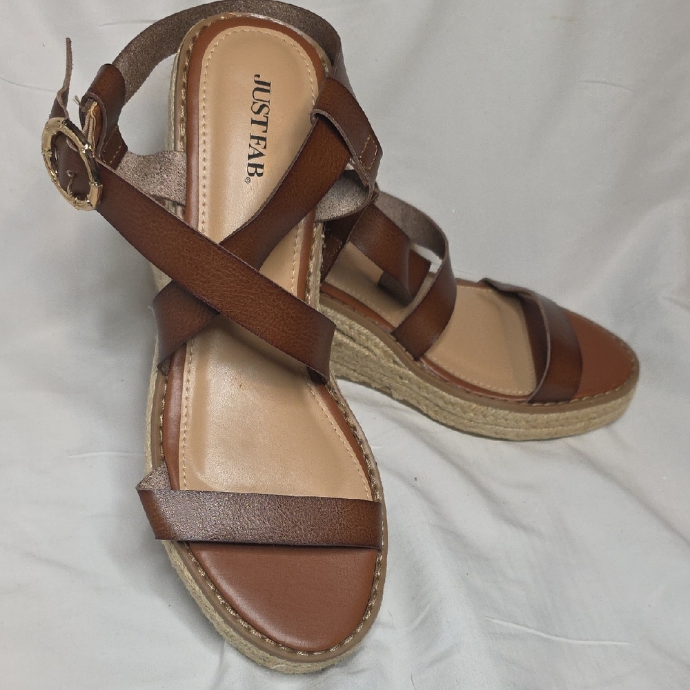 JustFab Tan And Brown Ankle Strap Espadrille Sandals Sz. 8.5